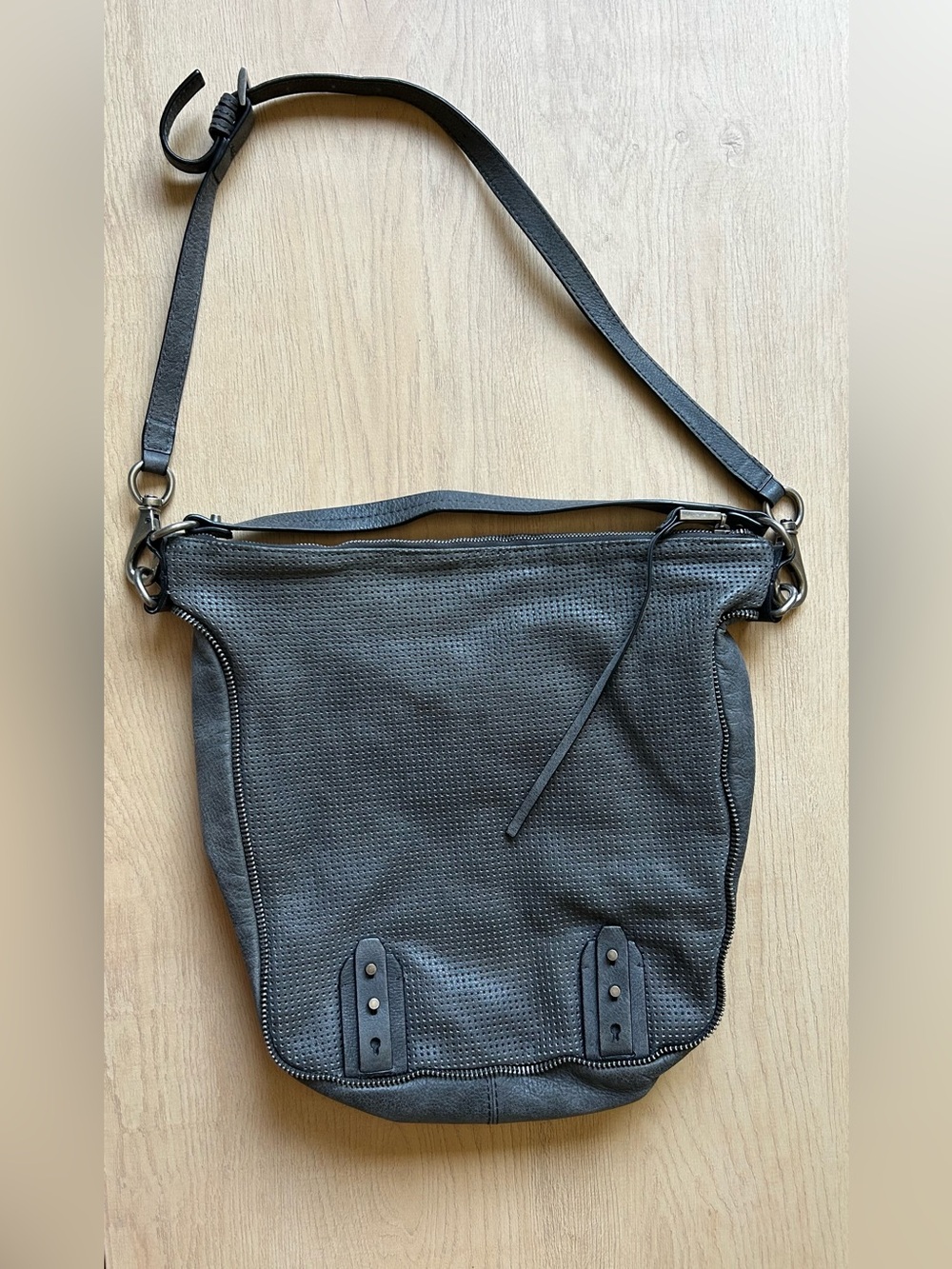 She+lo Women's Perforated Charcoal Leather Crossbody Bucket Bag